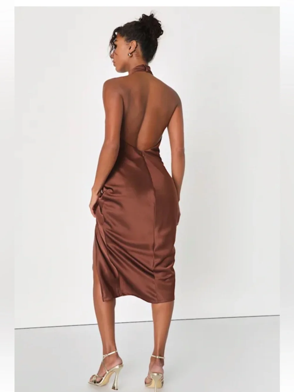 NWT Lulus Beyond Classy Brown Satin Halter Midi Dress - Picture 2 of 7
